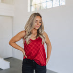 Front view of Spotlight Tank with spaghetti straps and allover red checkered satin print. 