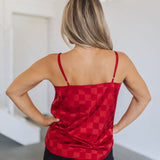 Rear view of Spotlight Tank with spaghetti straps and allover red checkered satin print. 