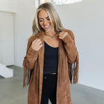 Front view of Dutton Fringe Suede Jacket in cocoa with fringe detailing at chest and arms.  