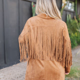 Rear view of Dutton Fringe Suede Jacket in cocoa with fringe detailing at chest and arms.  
