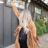 Side view of Dutton Fringe Suede Jacket in cocoa with fringe detailing at chest and arms.  