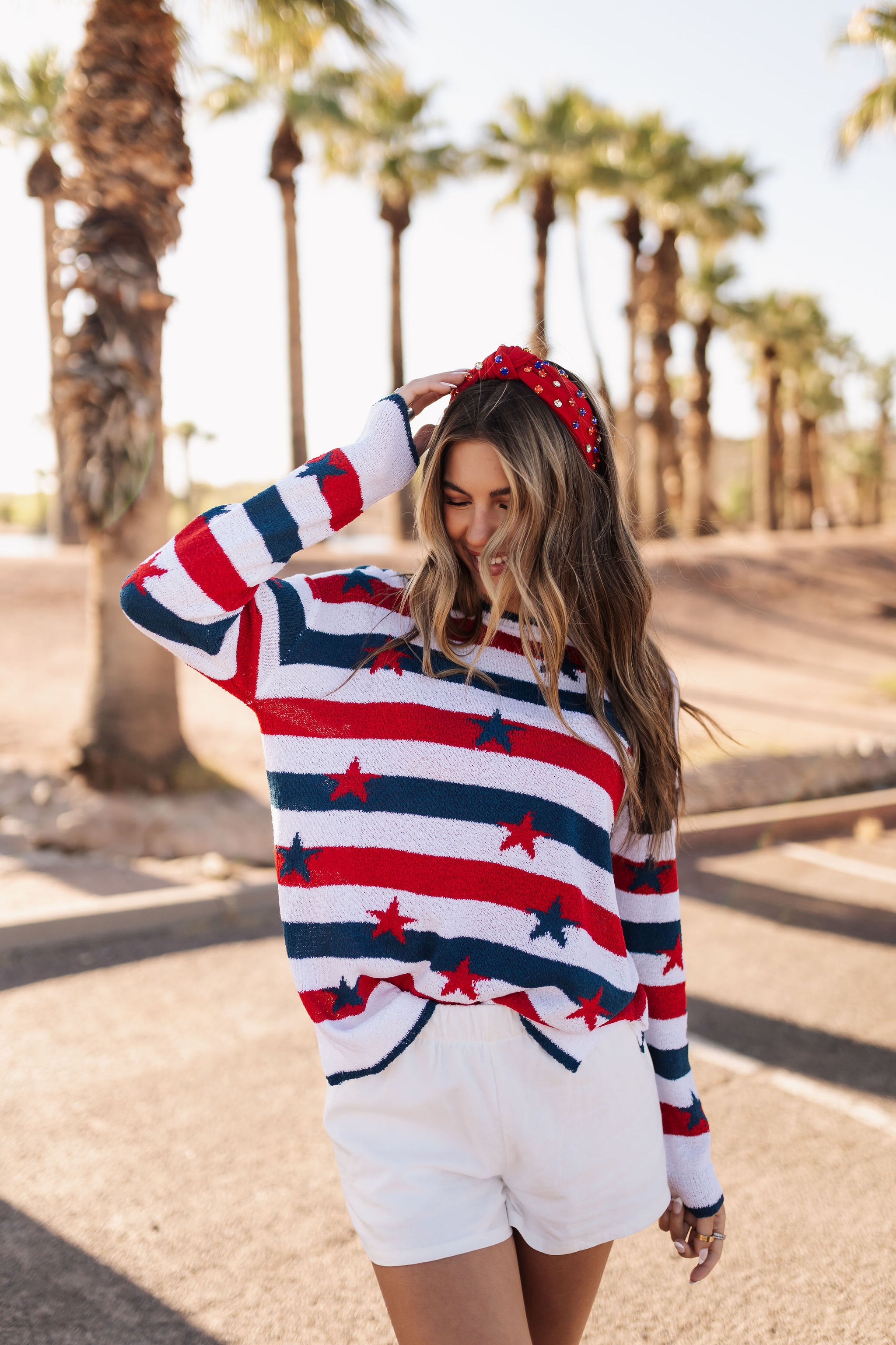 Close up front view of Star Spangled Stripe sweater.