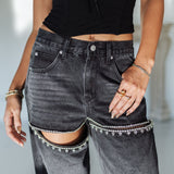 Kelsey Embellished Black Denim Mid-Rise Jeans