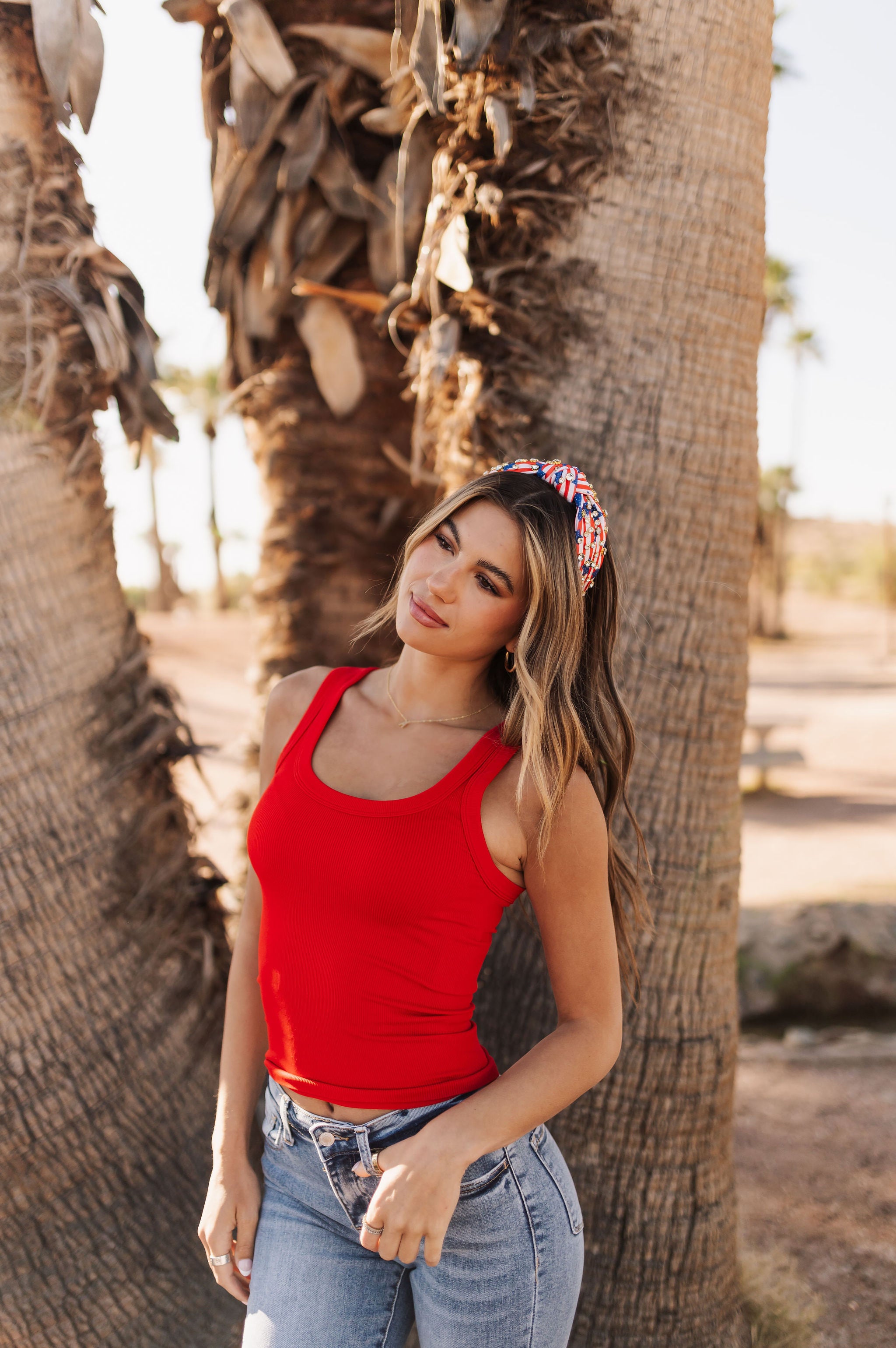 Front view of Reversible Ribbed Tank in red.