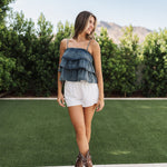 Front view of Ranchers Cascade Tank Top in blue denim color, thin straps, tiered ruffles. 