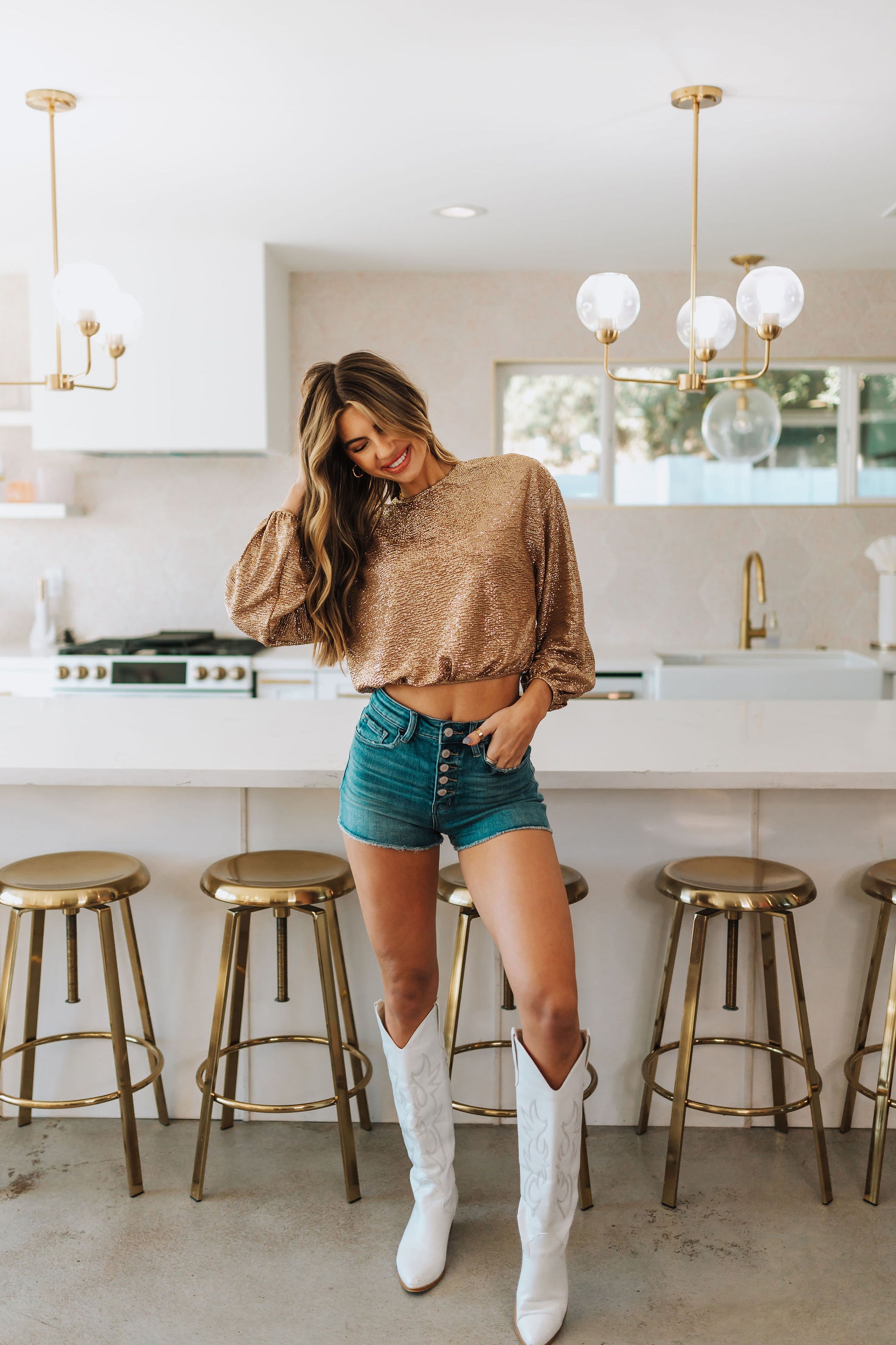 Front view of Good Times Top in tan confetti with elastic sleeves and hem. 