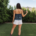 Rear view of Ranchers Cascade Tank Top in blue denim color, thin straps, tiered ruffles. 