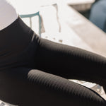 Close up view of Active Compression Legging showing ribbed moto detailing down the legs. 