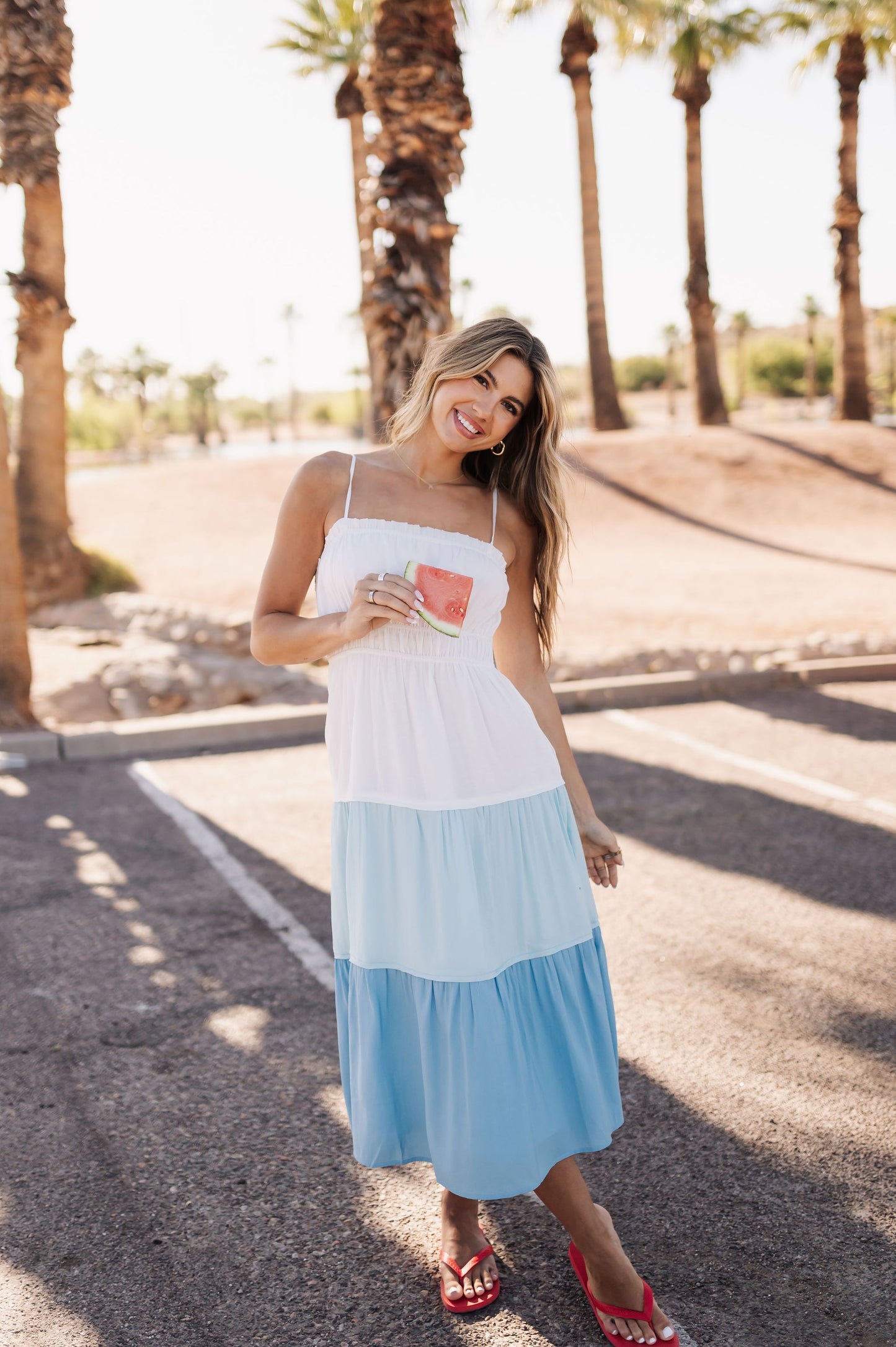The Waves of Blue Colorblock Tiered Midi Dress