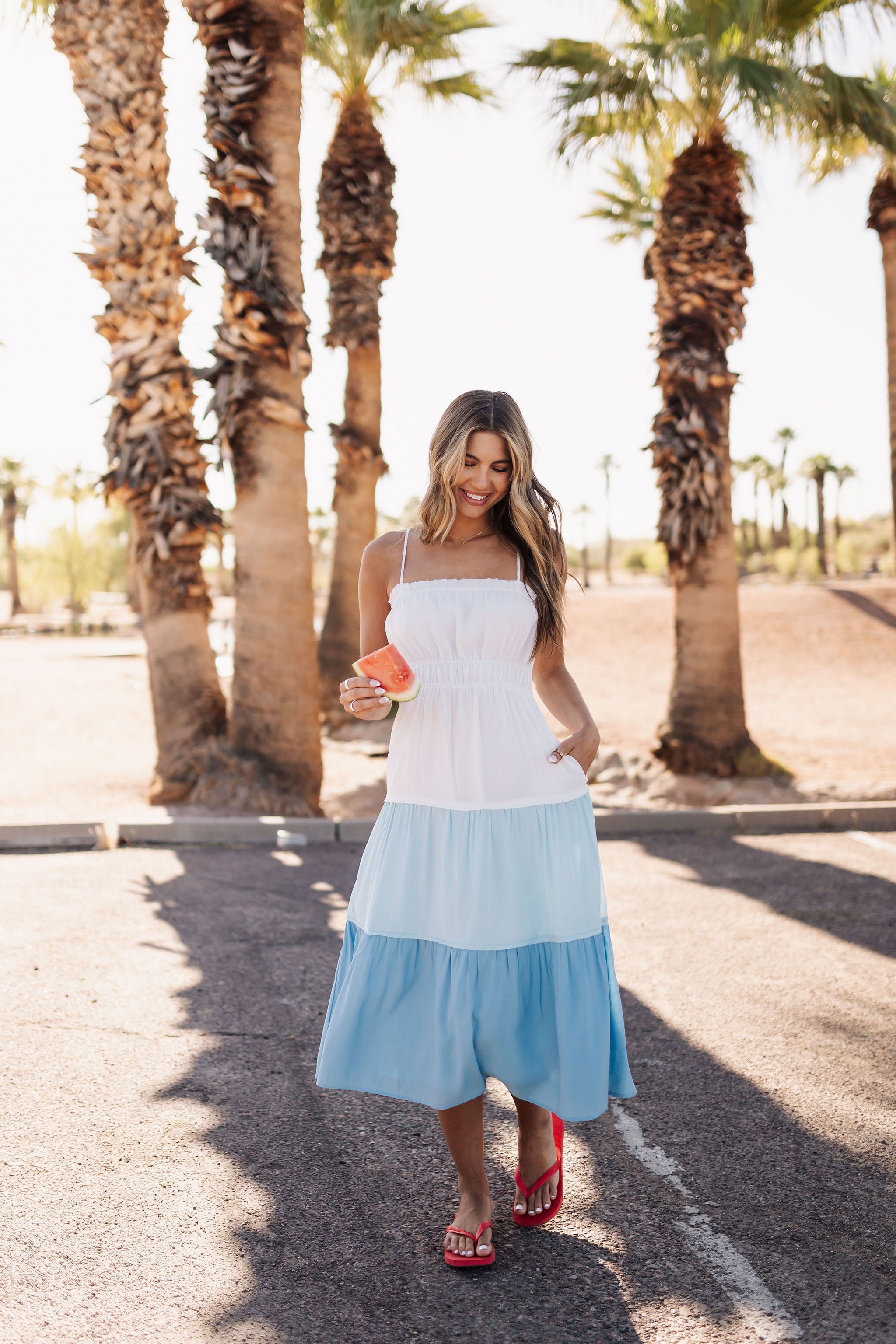 Front view of Waves of Blue Colorblock Tiered Midi Dress.