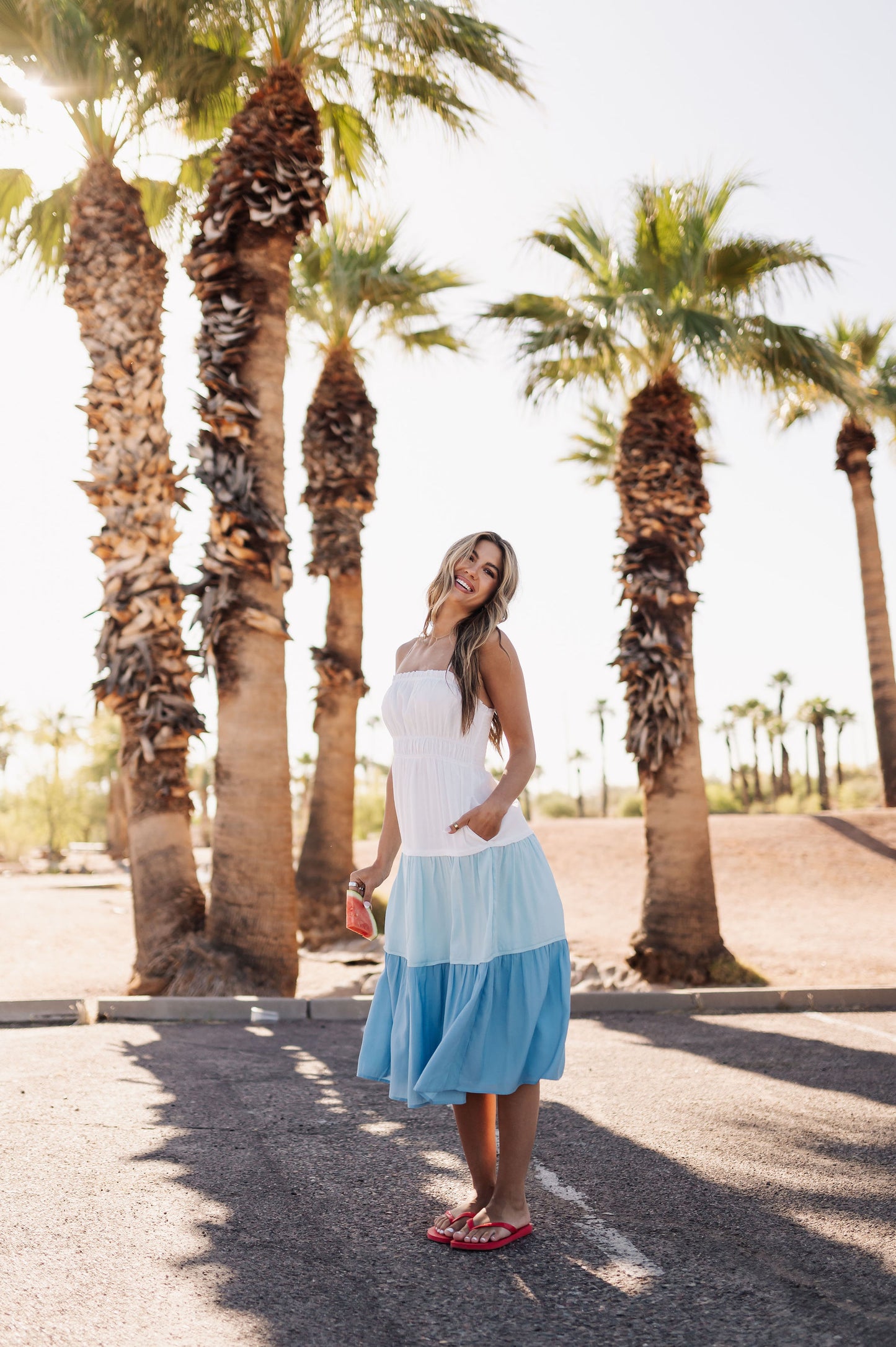 The Waves of Blue Colorblock Tiered Midi Dress