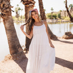 Front view of Betsy Lace Contrast Maxi Dress in white. 