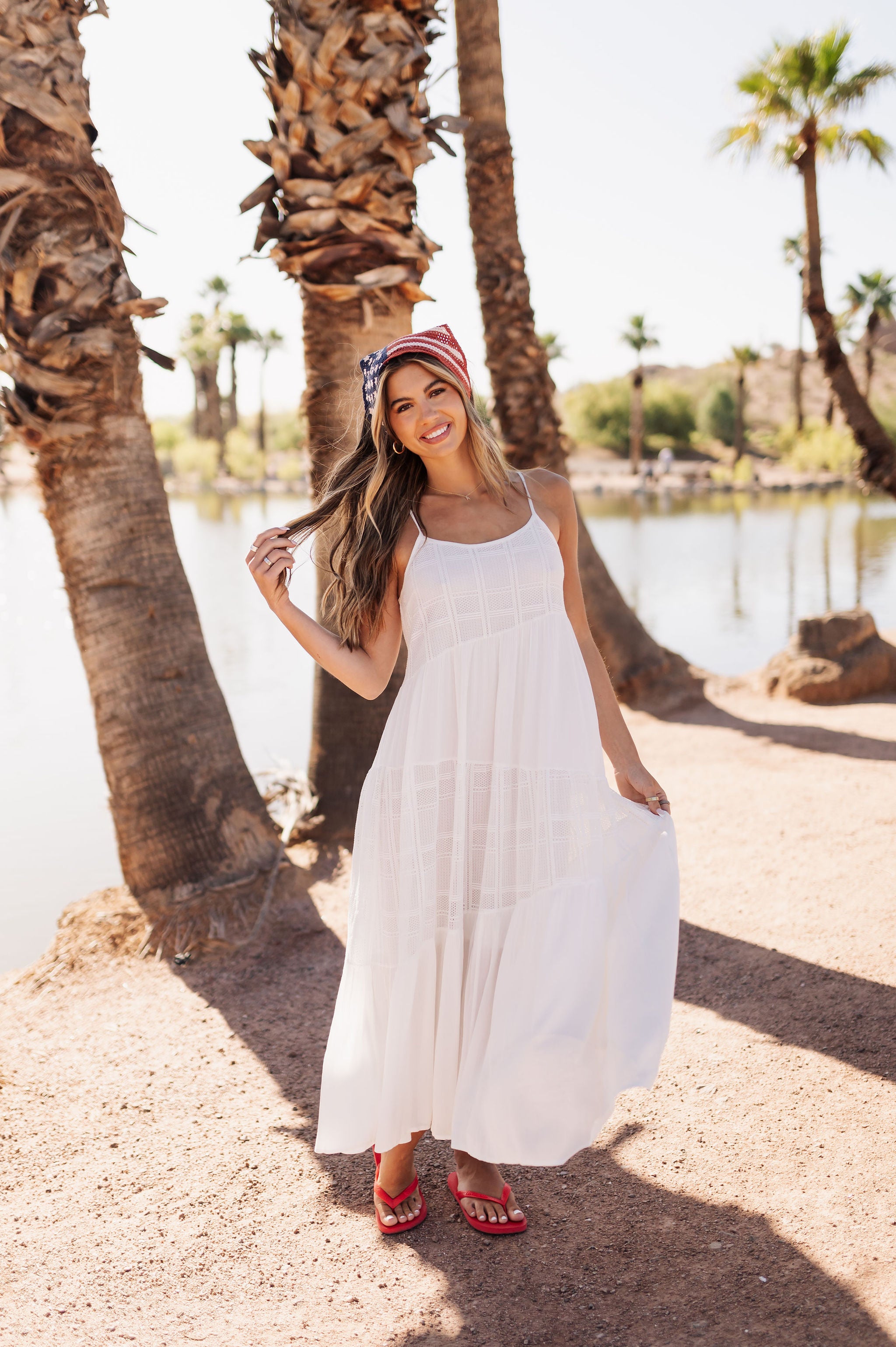 Front view of Betsy Lace Contrast Maxi Dress in white. 