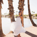 Side view of Betsy Lace Contrast Maxi Dress in white. 