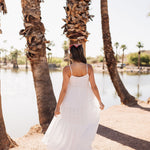 Rear view of Betsy Lace Contrast Maxi Dress in white. 