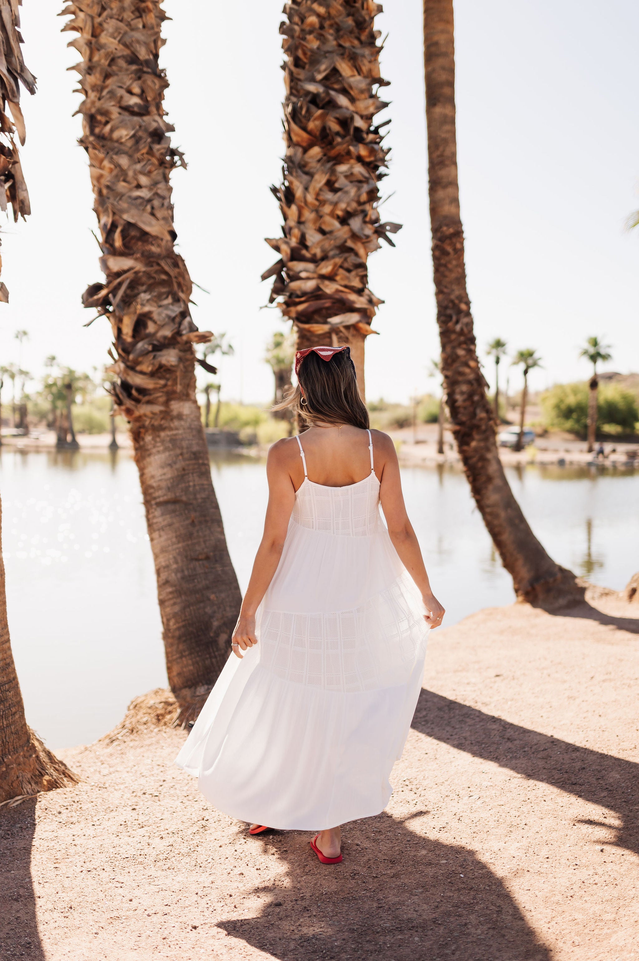 Rear view of Betsy Lace Contrast Maxi Dress in white. 