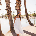 Front view of Betsy Lace Contrast Maxi Dress in white. 