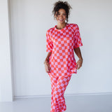 Ribbed Checkered Lounge Set | Pink Red