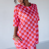 Ribbed Checkered Lounge Set | Pink Red