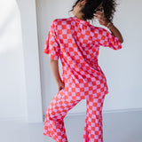 Ribbed Checkered Lounge Set | Pink Red