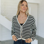 Front view of  Beverly Crochet Knitted Cardigan with button front and black and white stripes. 