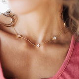 Close-up of a person wearing a delicate gold necklace with small stones.