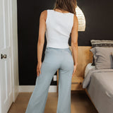 Rear view of wide-leg Sailor Linen jeans.