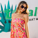 Close up front view of Long Weekend Maxi Dress with allover neon print and slim shoulder straps. 