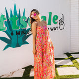 Front view of Long Weekend Maxi Dress with allover neon print.