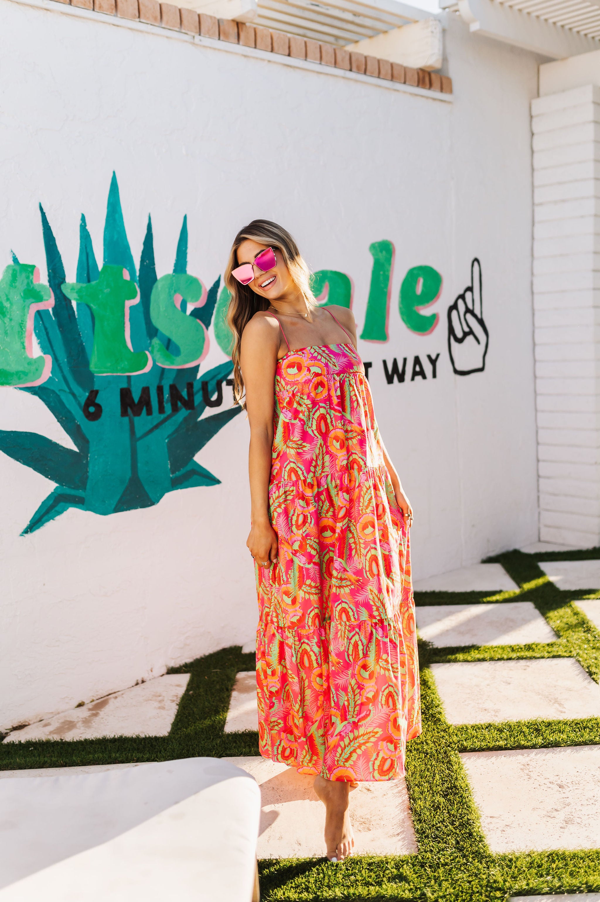 Front view of Long Weekend Maxi Dress with allover neon print.