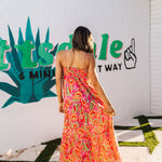 Side view of Long Weekend Maxi Dress with allover neon print and slim shoulder straps. 