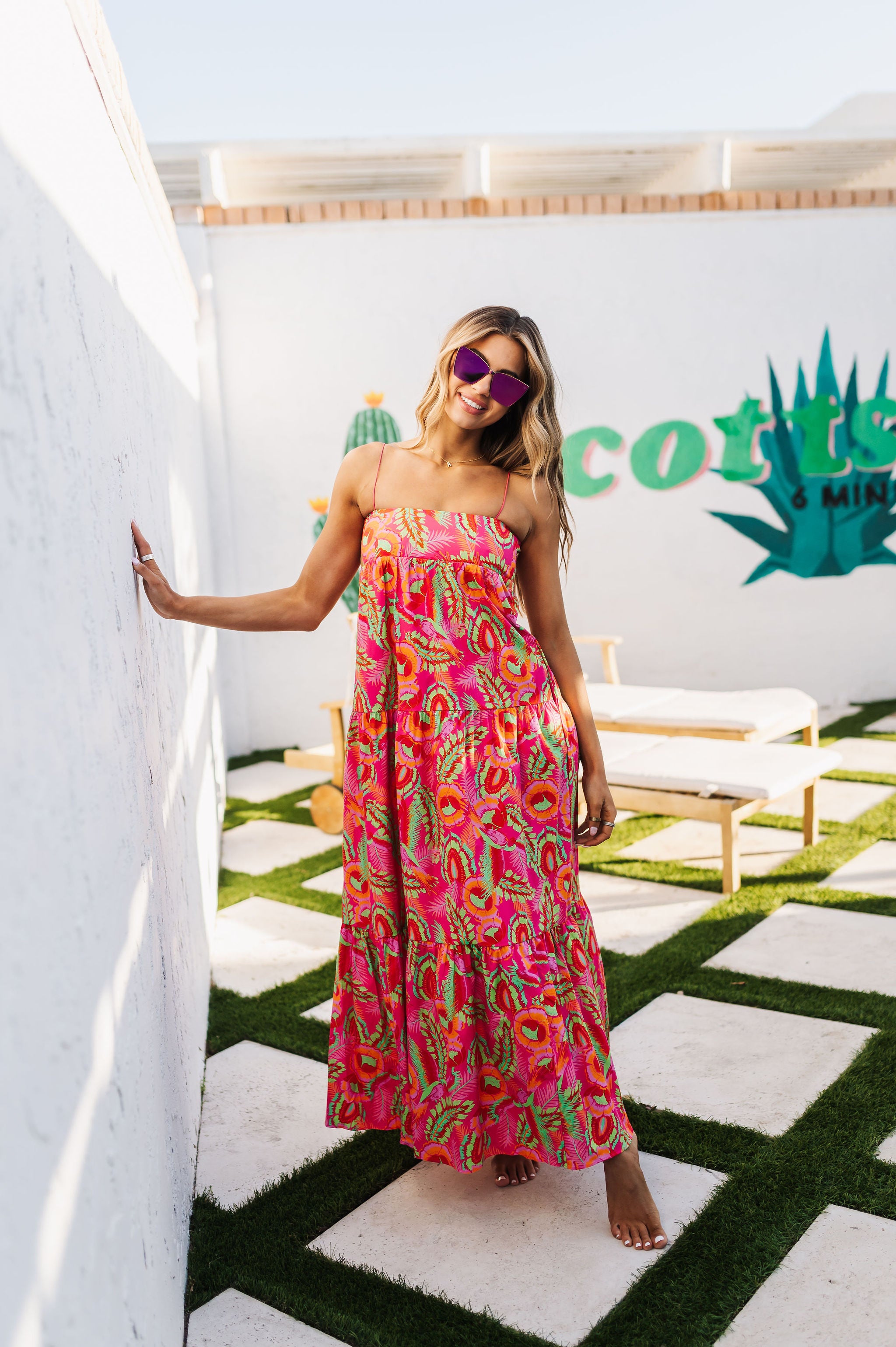 Front view of Long Weekend Maxi Dress with allover neon print.