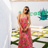 Front view of Long Weekend Maxi Dress with allover neon print and slim shoulder straps. 