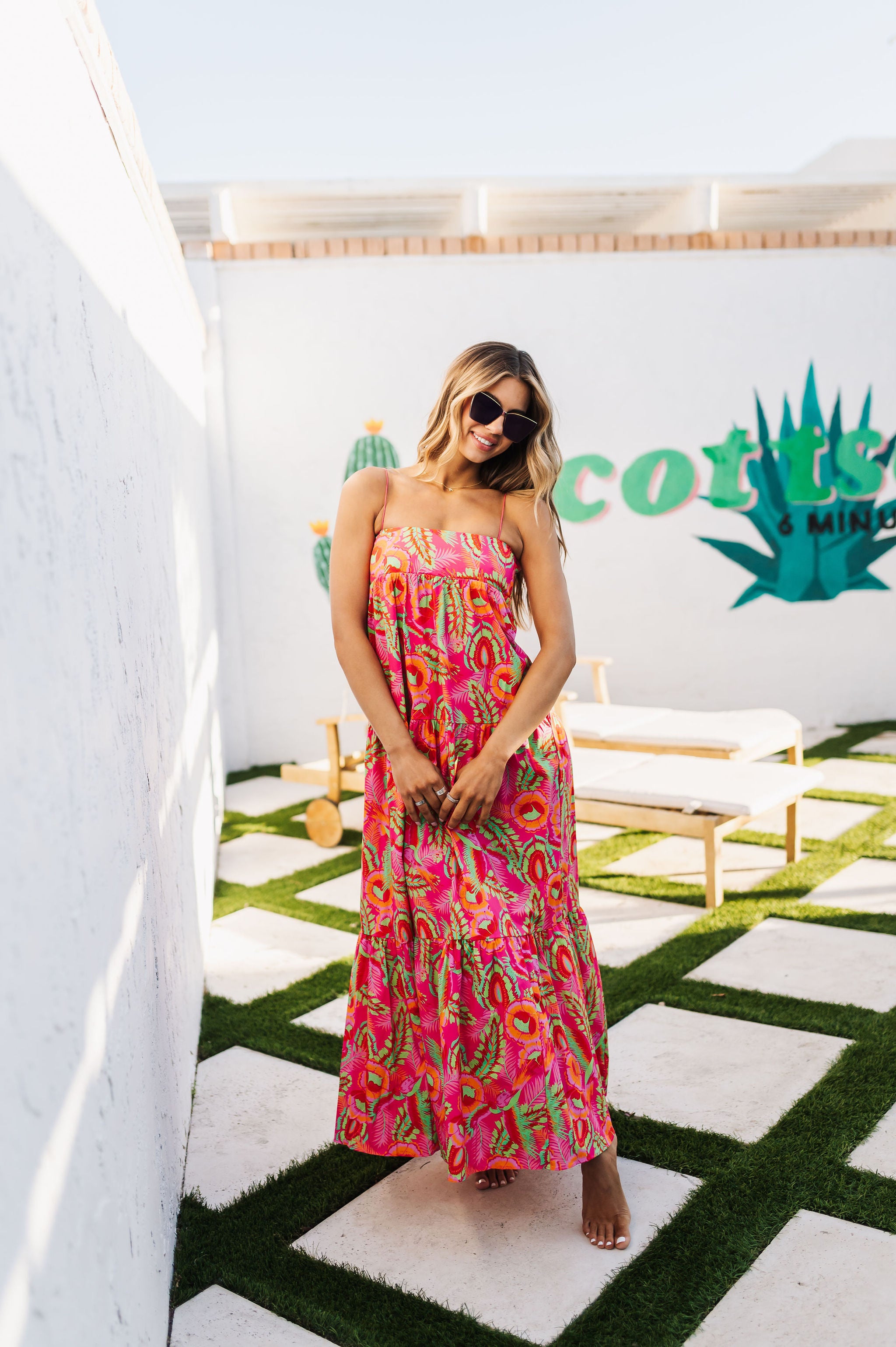Front view of Long Weekend Maxi Dress with allover neon print and slim shoulder straps. 
