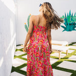 Rear view of Long Weekend Maxi Dress with allover neon print and slim shoulder straps. 