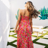 Rear view of Long Weekend Maxi Dress with allover neon print and slim shoulder straps. 