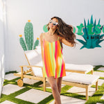 Front view of striped neon V-neck Rascal Romper.