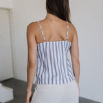 Rear view of Nautical Striped Tank Top with blue stripes and adjustable straps. 