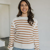 Front view Eloise Crew Neck Stripe Sweater with shoulder detail. 