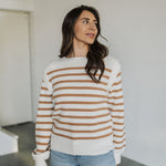 Front view of Eloise Crew Neck Stripe Sweater with shoulder detail. 