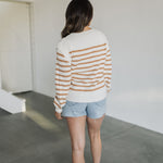 Rear view of Eloise Crew Neck Stripe Sweater with shoulder detail. 