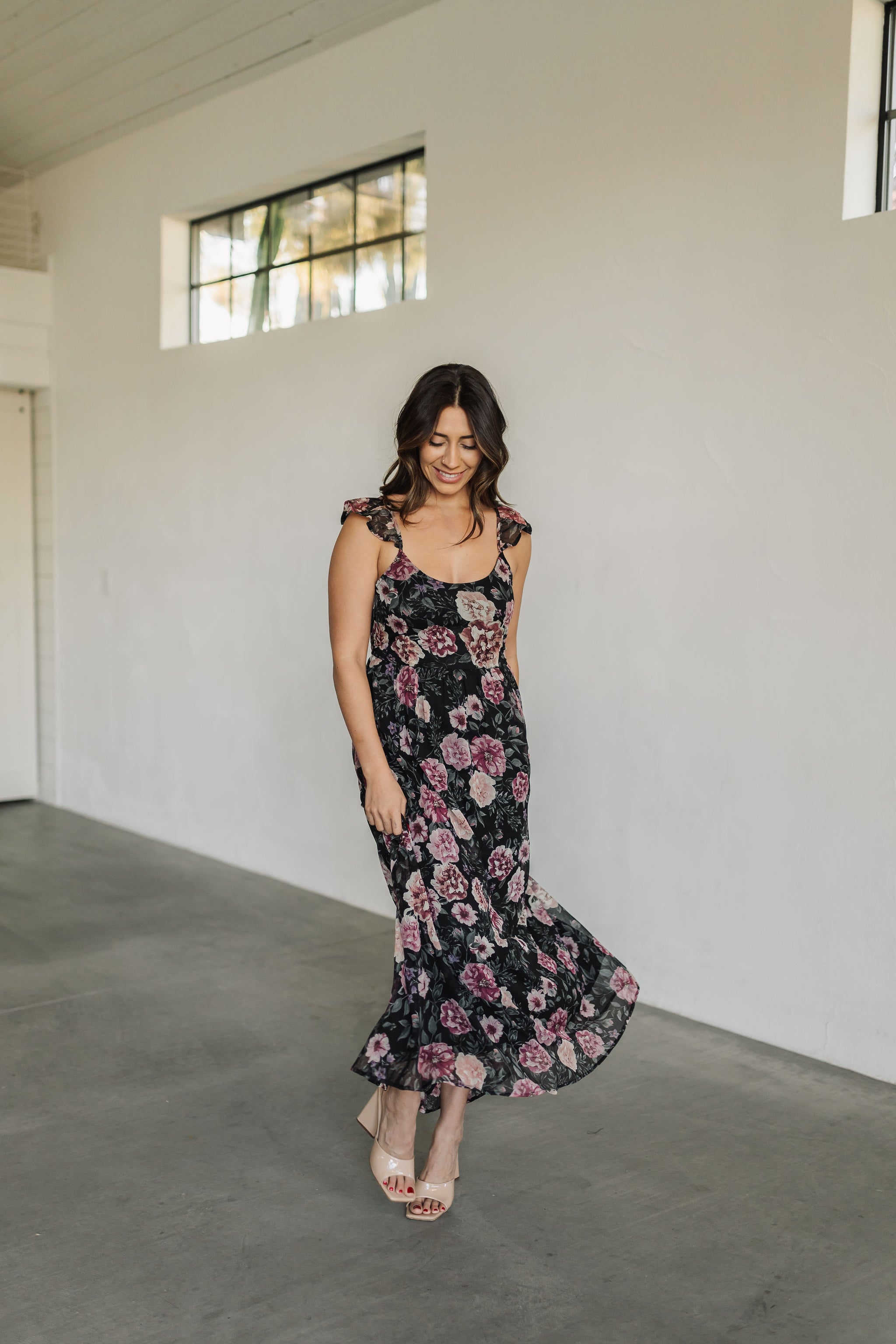 Front view of Poppy Floral Maxi Dress with scoop neckline and ruffled straps.