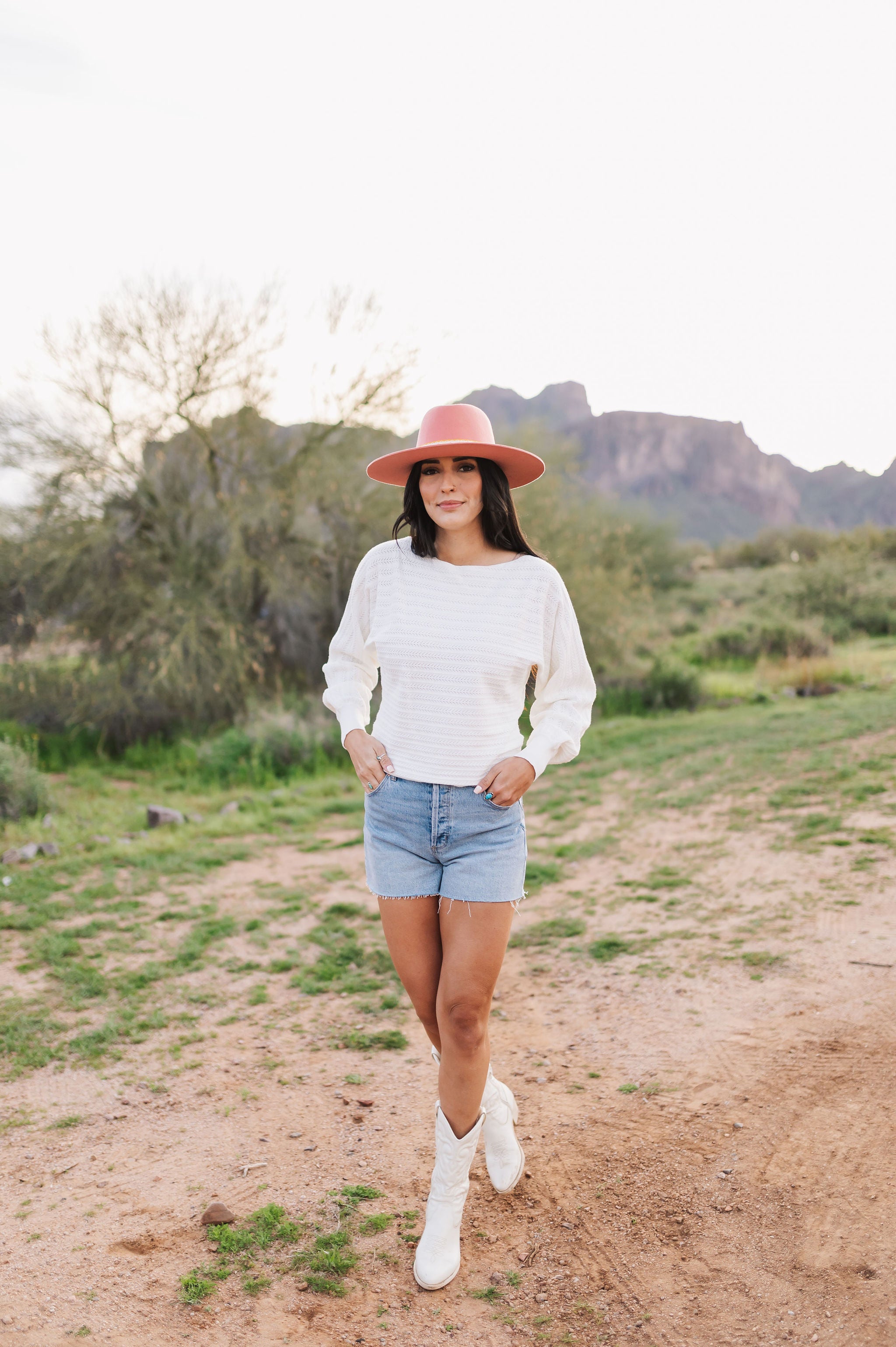 Front view of Astrid sweater with pointelle knit, dolman sleeves, and boat neck. 