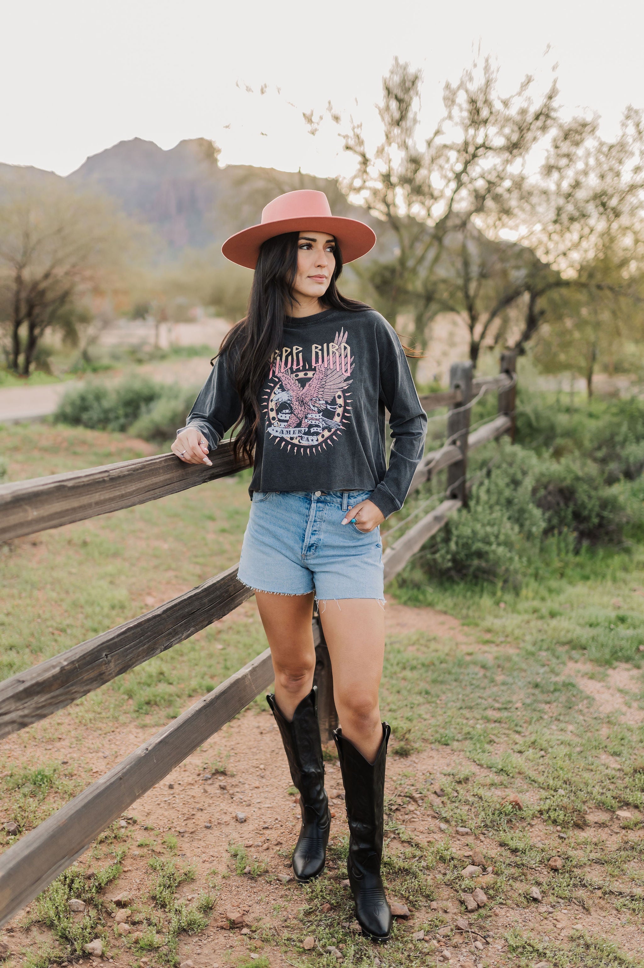 Front view of cropped Freebird Long Sleeve Graphic Tee with distressed graphic and raw hem. 