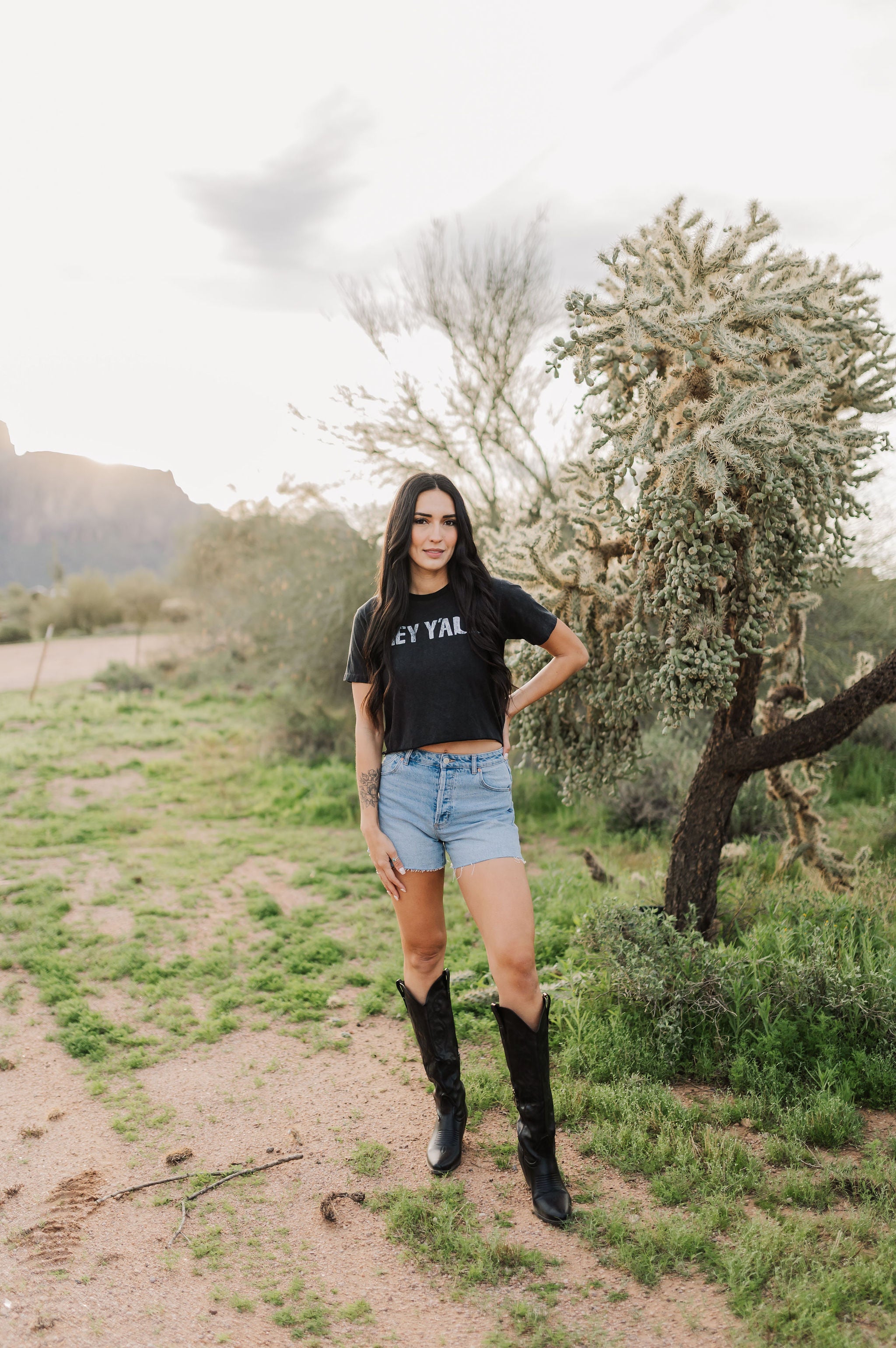 Front view of Hey Y'all Graphic Tee in mineral wash, distressed graphic, and raw hem. 