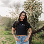 Front view of Hey Y'all Graphic Tee in mineral wash, distressed graphic, and raw hem. 