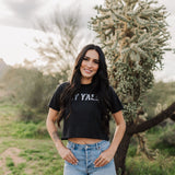 Front view of Hey Y'all Graphic Tee in mineral wash, distressed graphic, and raw hem. 