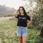 Front view of Hey Y'all Graphic Tee in mineral wash, distressed graphic, and raw hem. 