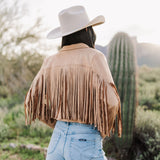 Rear view of cropped Cooper Fringed Suede Jacket with tassels. 