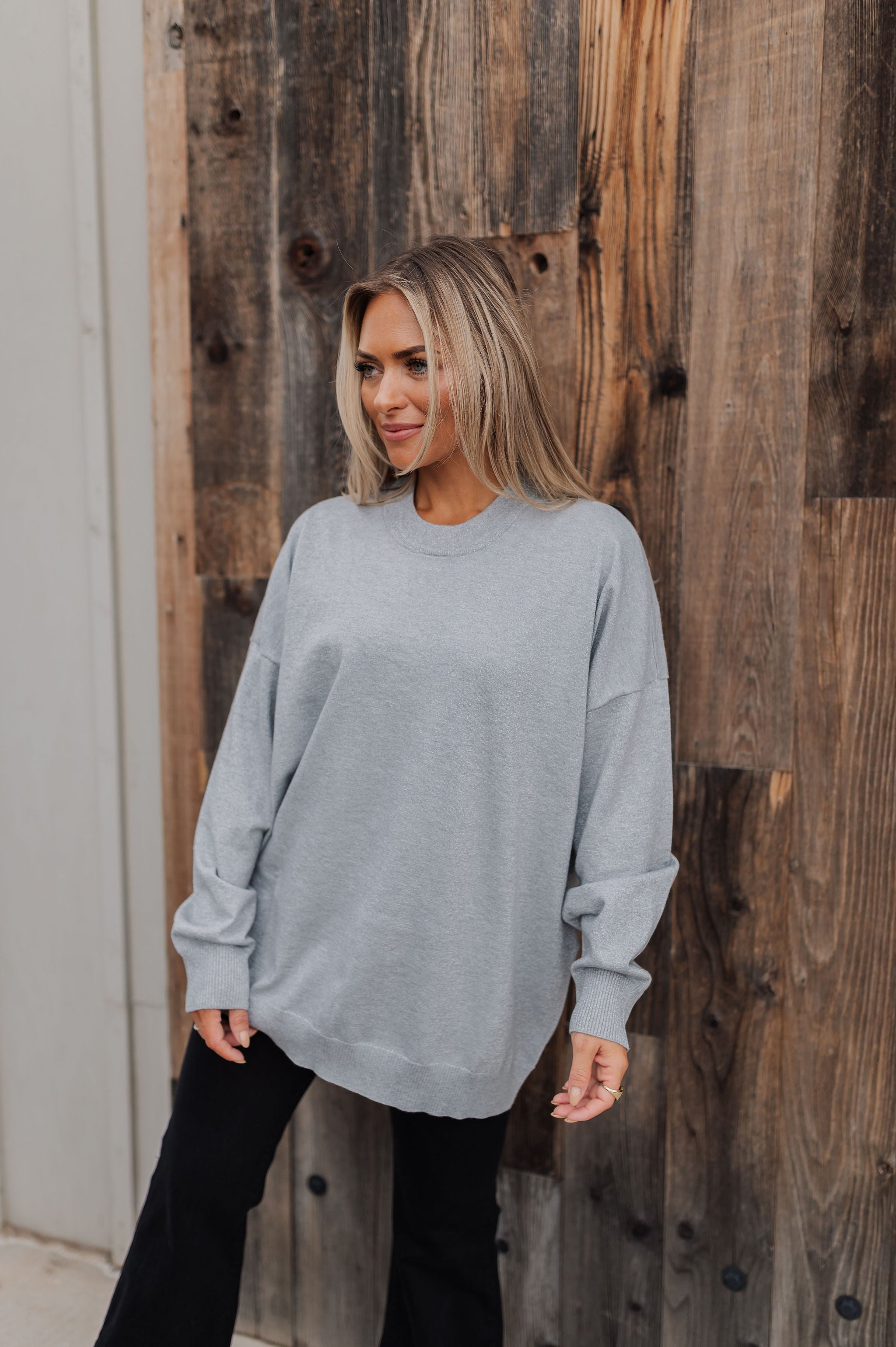 Front view of Classic Crewneck in silver metallic with dropped shoulders and oversized length.